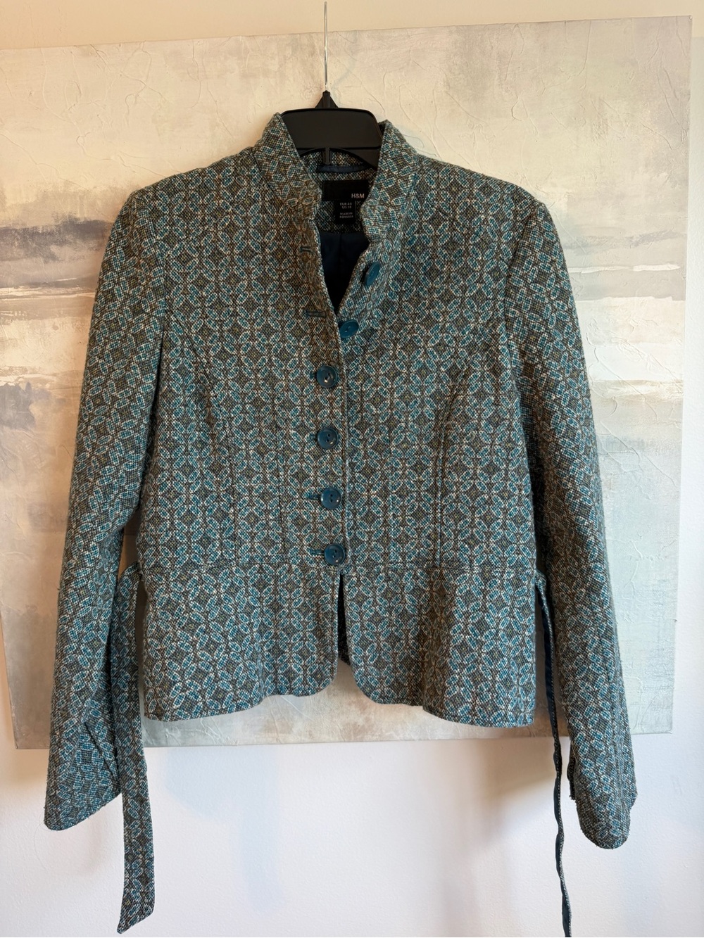 H&M Blue Tweed Belted Jacket Wool Blend Stand Collar Peplum Blazer US 10 M